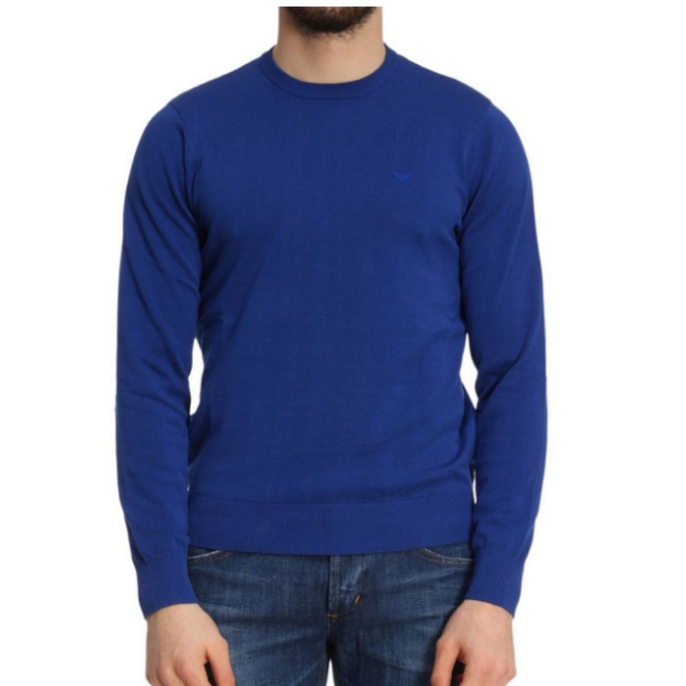 Emporio Armani Made in Italy Plain Knit Pure Virgin Wool Blue Sweater Size M